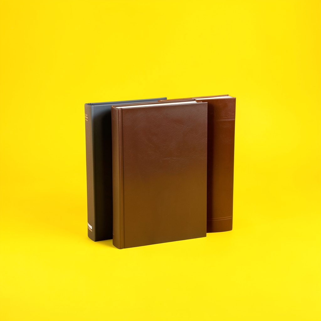 Three worn hardback books stacked together on a pale surface, softly lit and understated
