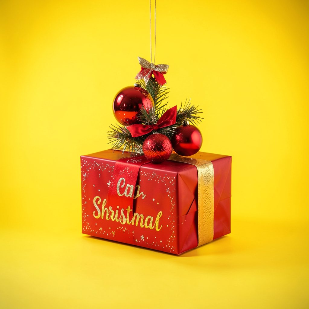 A festive still life with wrapped gifts and warm string lights in muted gold and brown tones, cosy mood